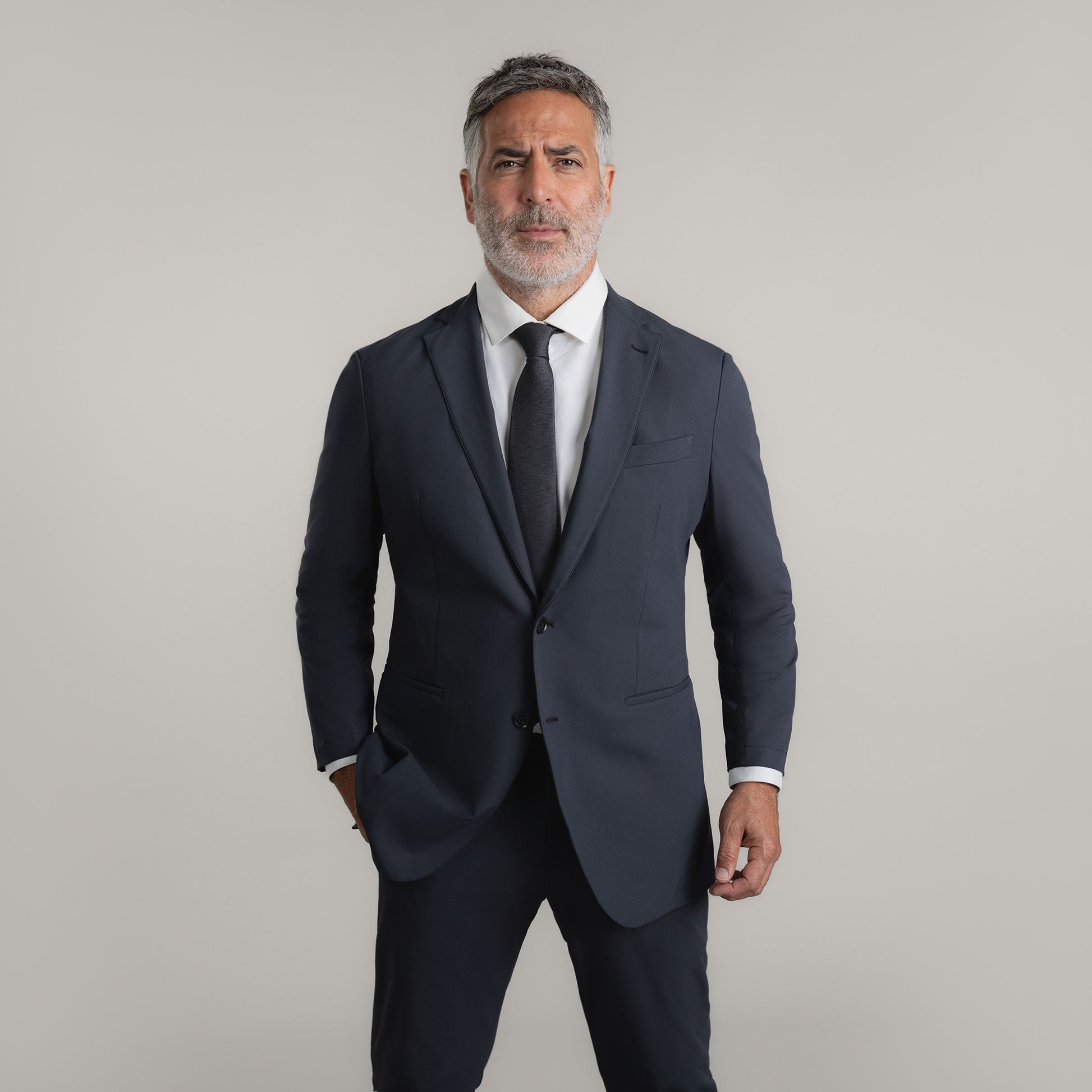 Bespoke Custom Athleisure Technical Men's Suit Los Angeles model Guillermo in Charcoal