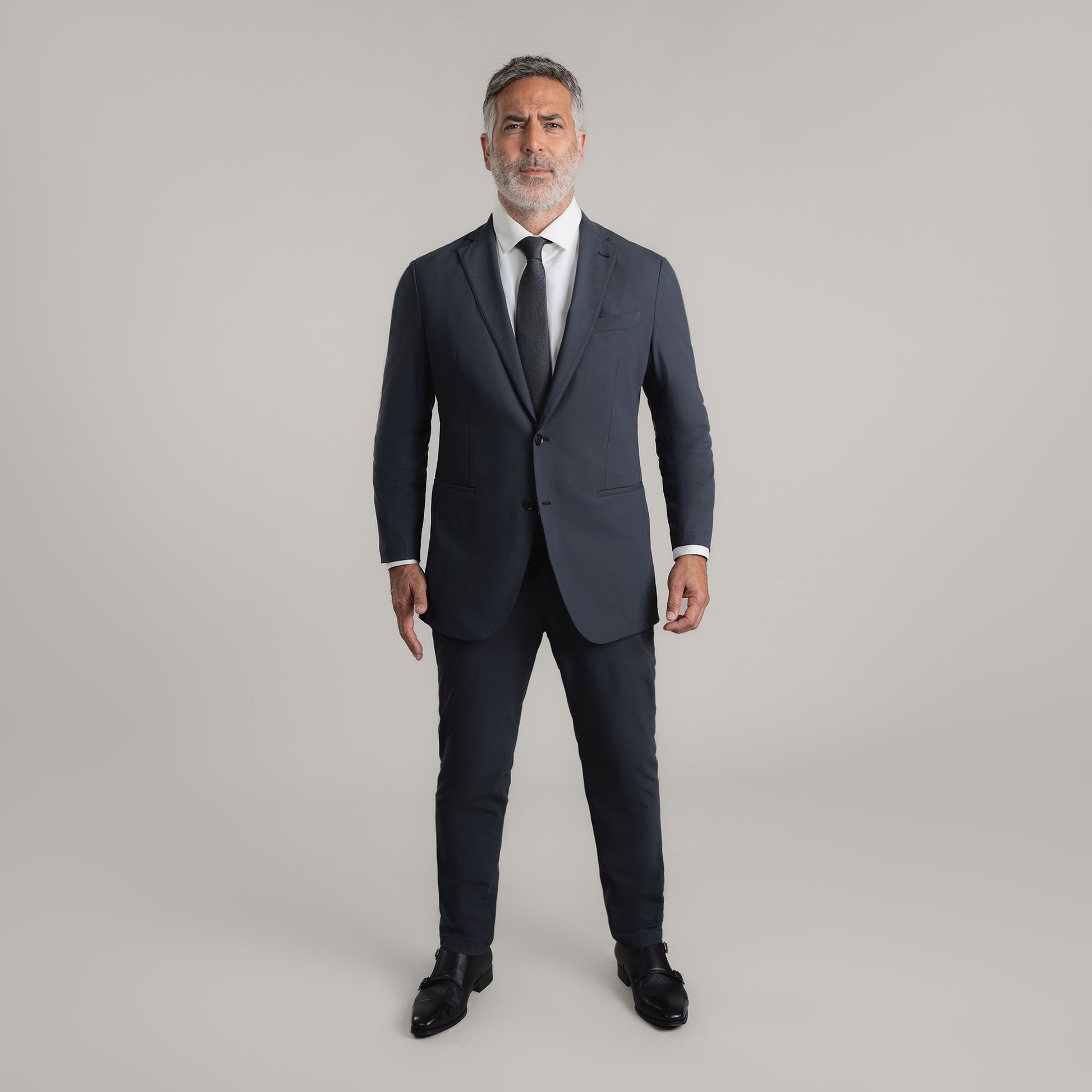 Bespoke Custom Athleisure Technical Men's Suit Los Angeles model Guillermo in Charcoal