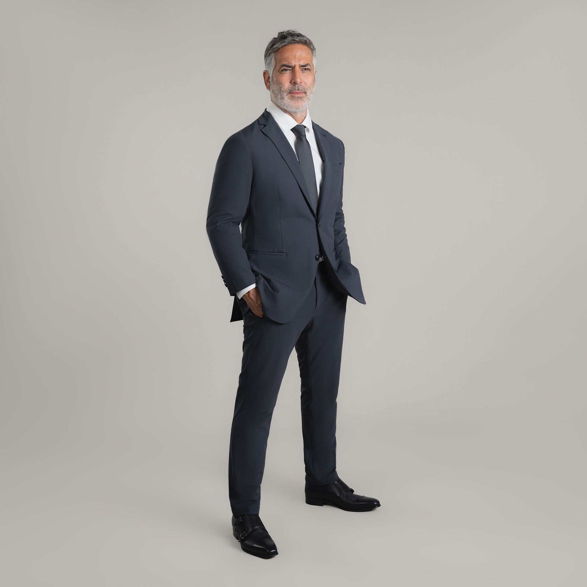 Bespoke Custom Athleisure Technical Men's Suit Los Angeles model Guillermo in Charcoal