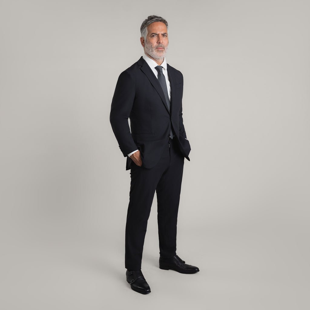 Bespoke Custom Athleisure Technical Men's Suit Los Angeles model Guillermo in Black