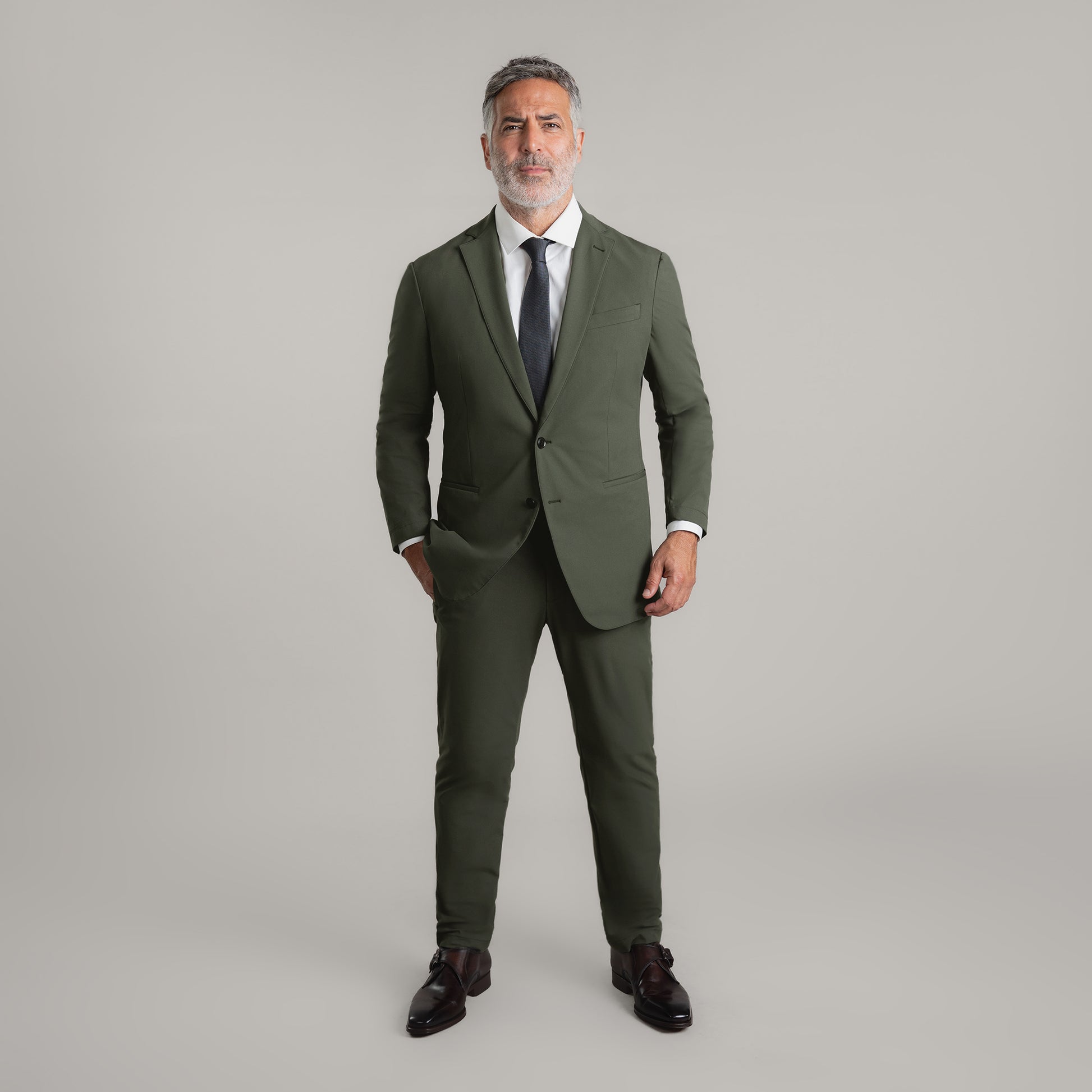 Bespoke custom athleisure technical men's suit los angeles model Guillermo in Moss