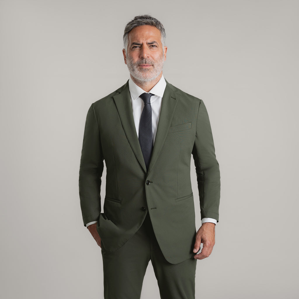 Bespoke custom athleisure technical men's suit los angeles model Guillermo in Moss