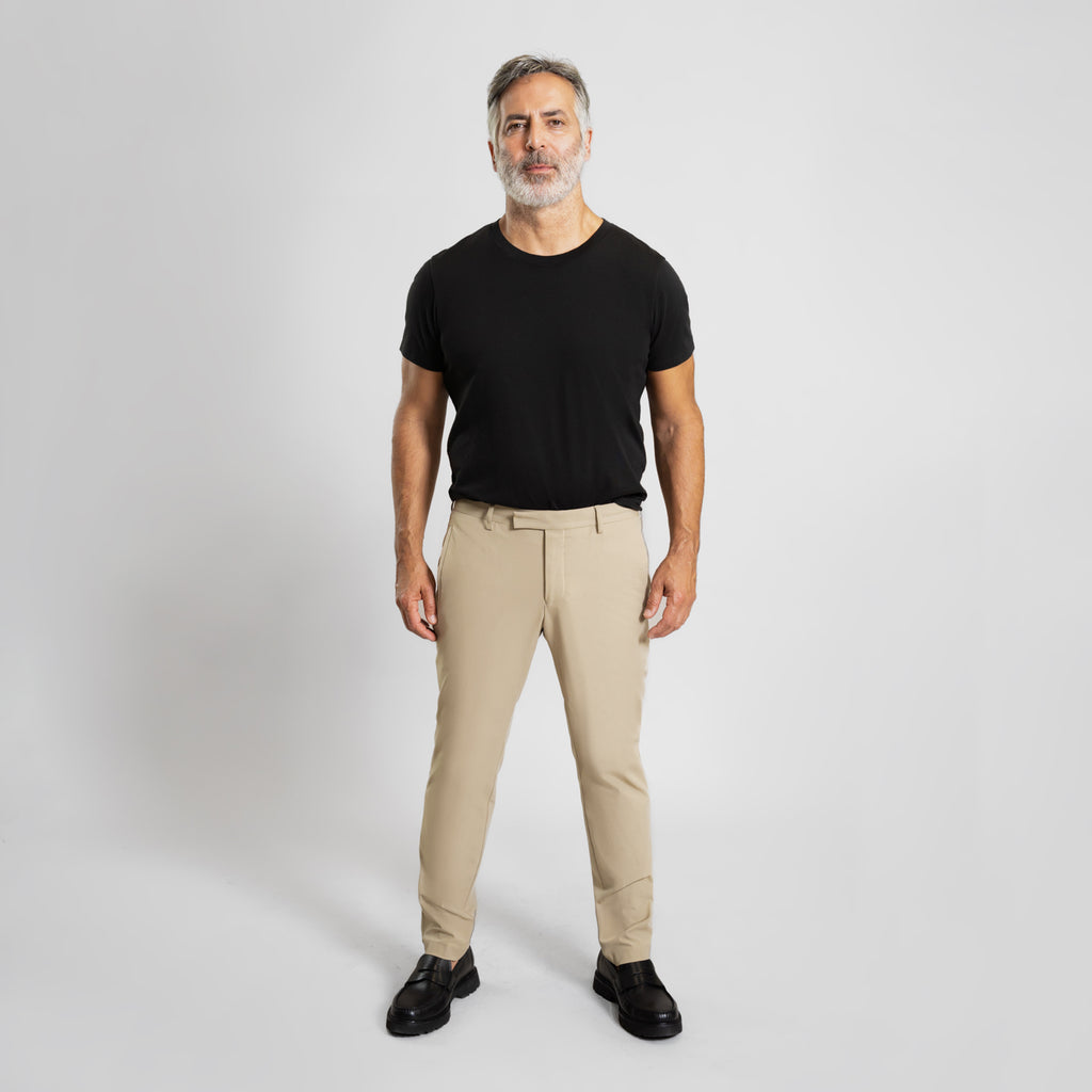 Bespoke custom athleisure technical men's suit los angeles model Guillermo in Warm Khaki