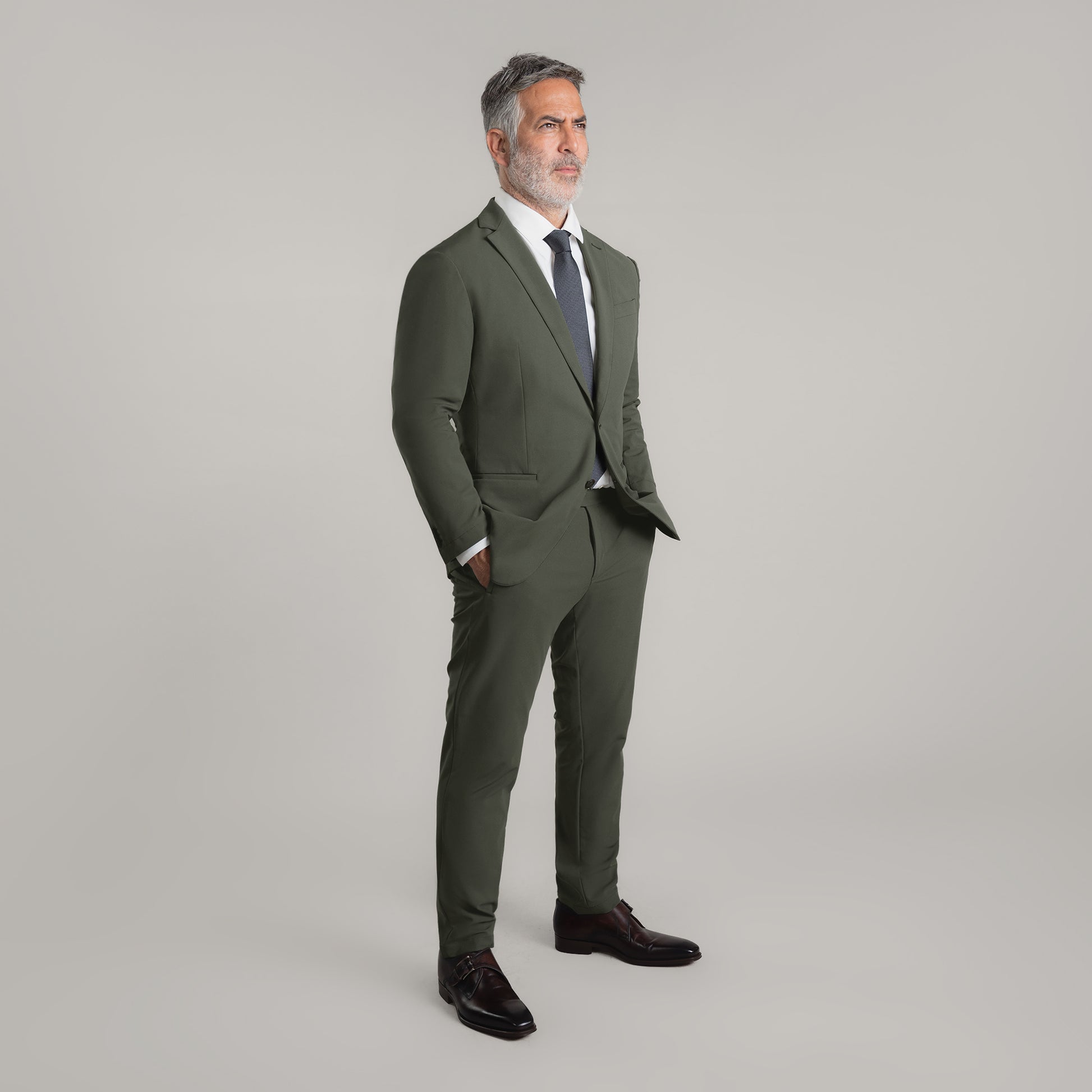 Bespoke custom athleisure technical men's suit los angeles model Guillermo in Moss