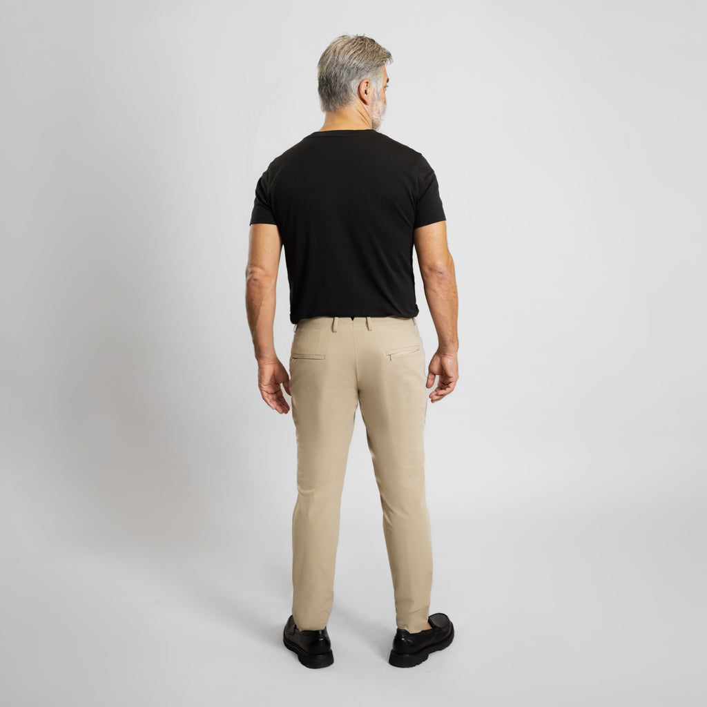 Bespoke custom athleisure technical men's suit los angeles model Guillermo in Warm Khaki