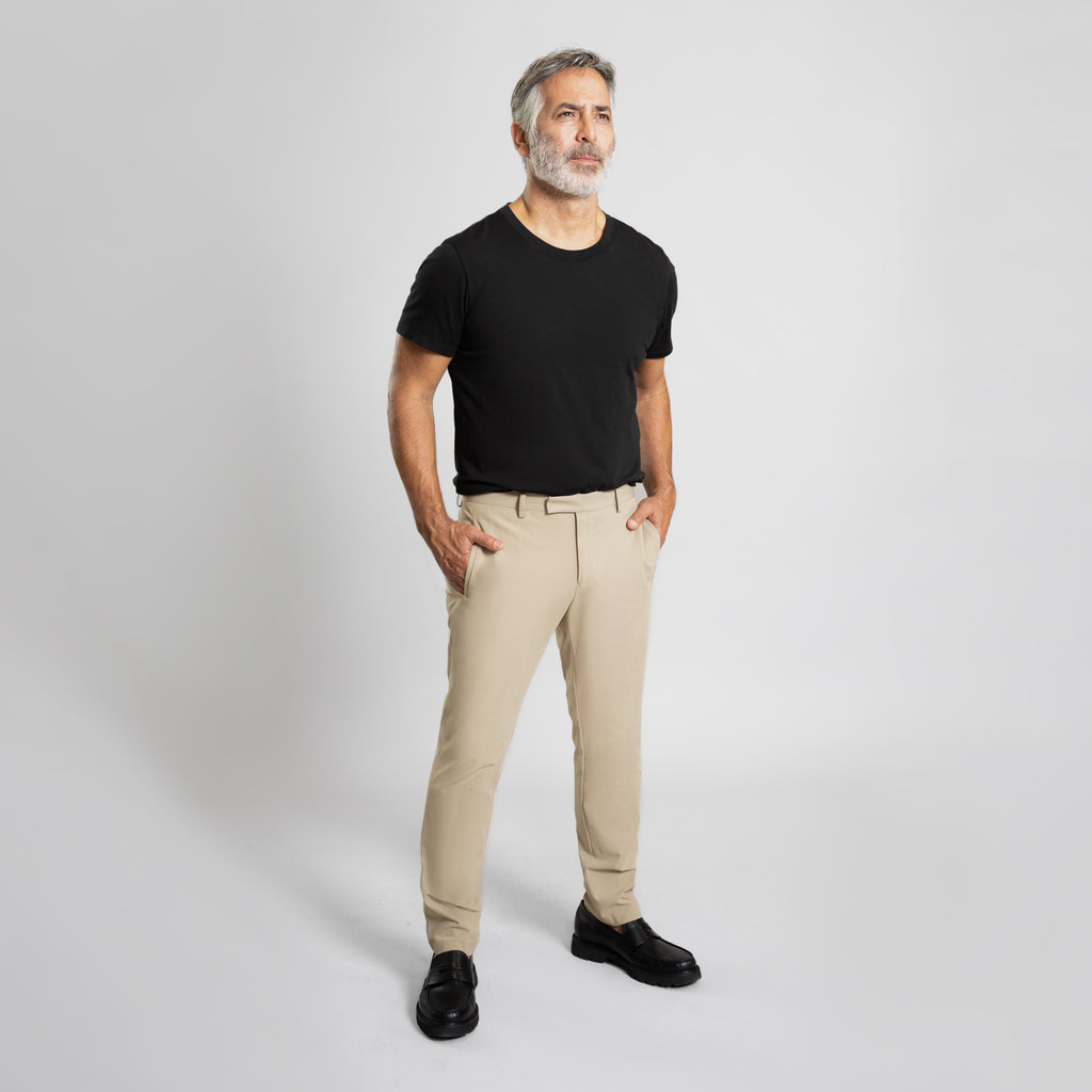 Bespoke custom athleisure technical men's suit los angeles model Guillermo in Warm Khaki