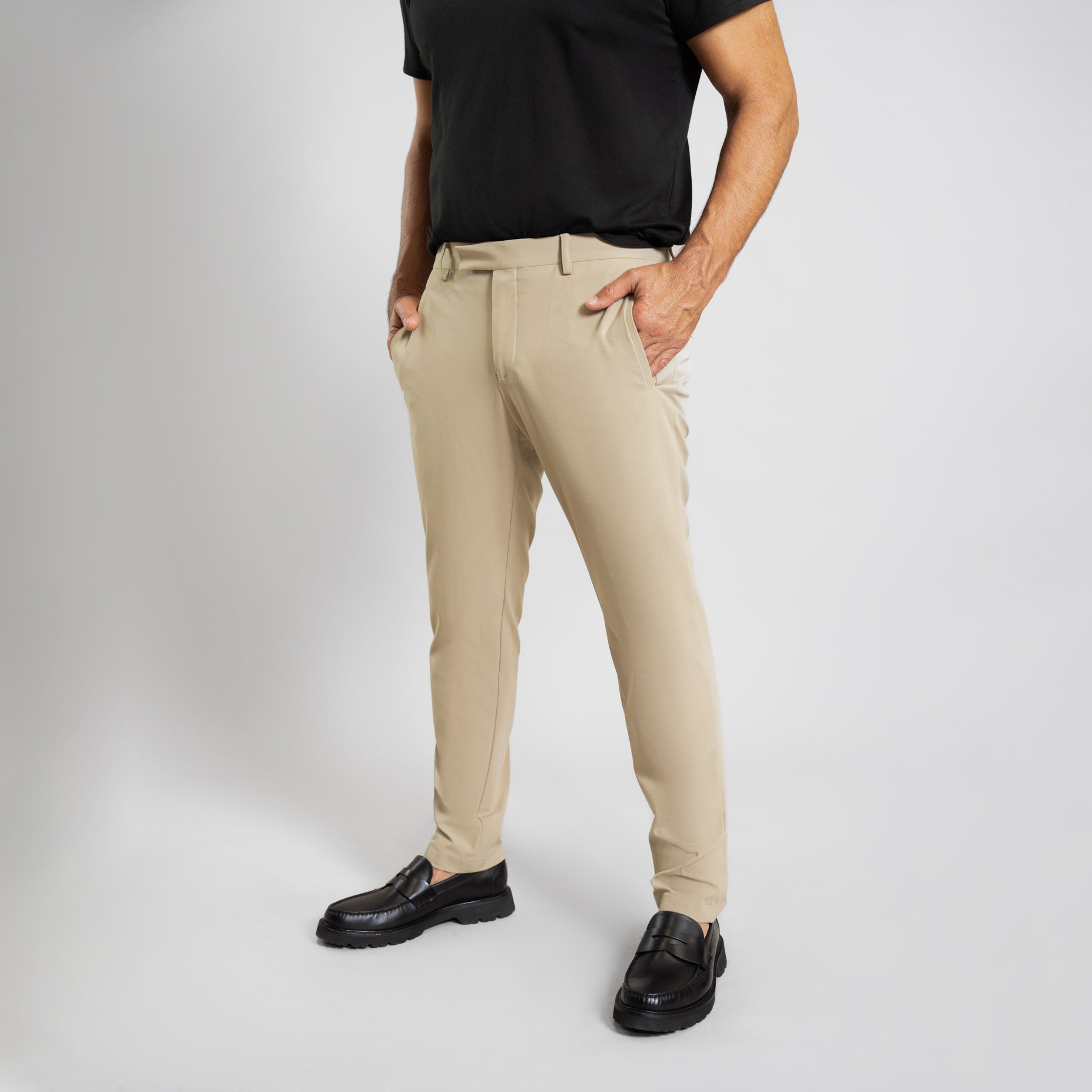 Bespoke custom athleisure technical men's suit los angeles model Guillermo in Warm Khaki