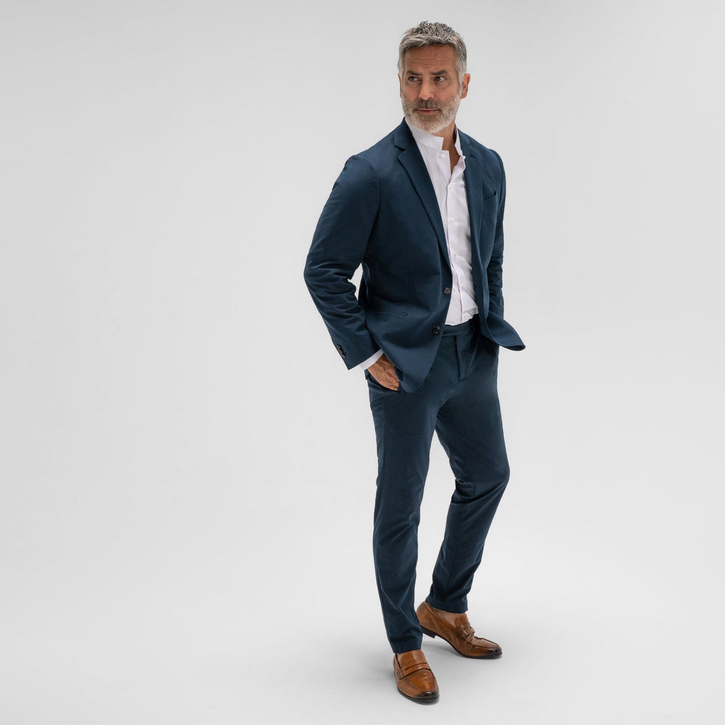 bespoke custom trousers pant chino performance technical model Guillermo in Nautical Blue