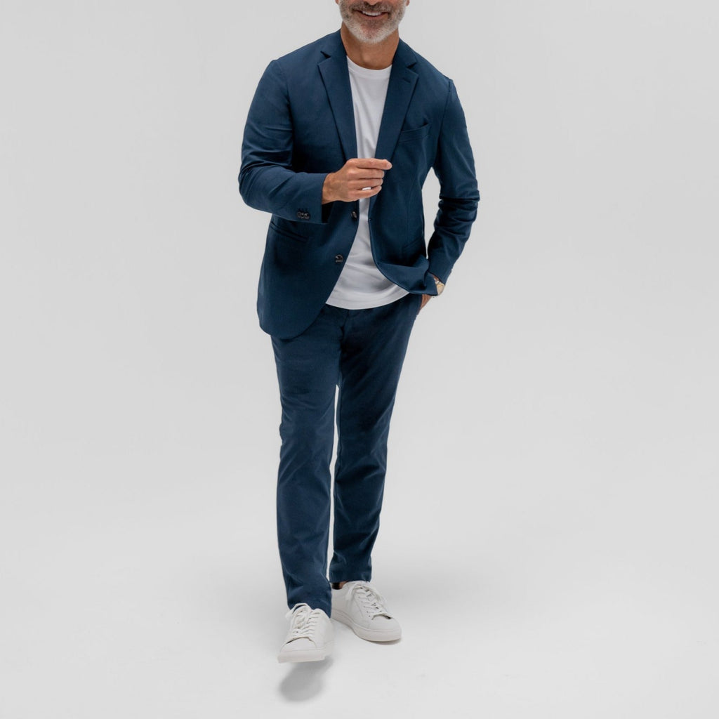 bespoke custom trousers pant chino performance technical model Guillermo in Nautical Blue