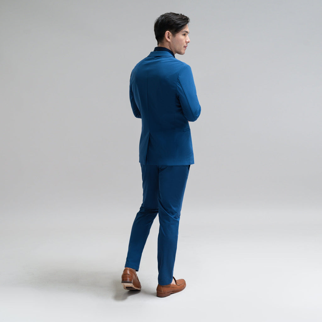 bespoke custom trousers pant chino performance technical model Jesse in Italian Blue