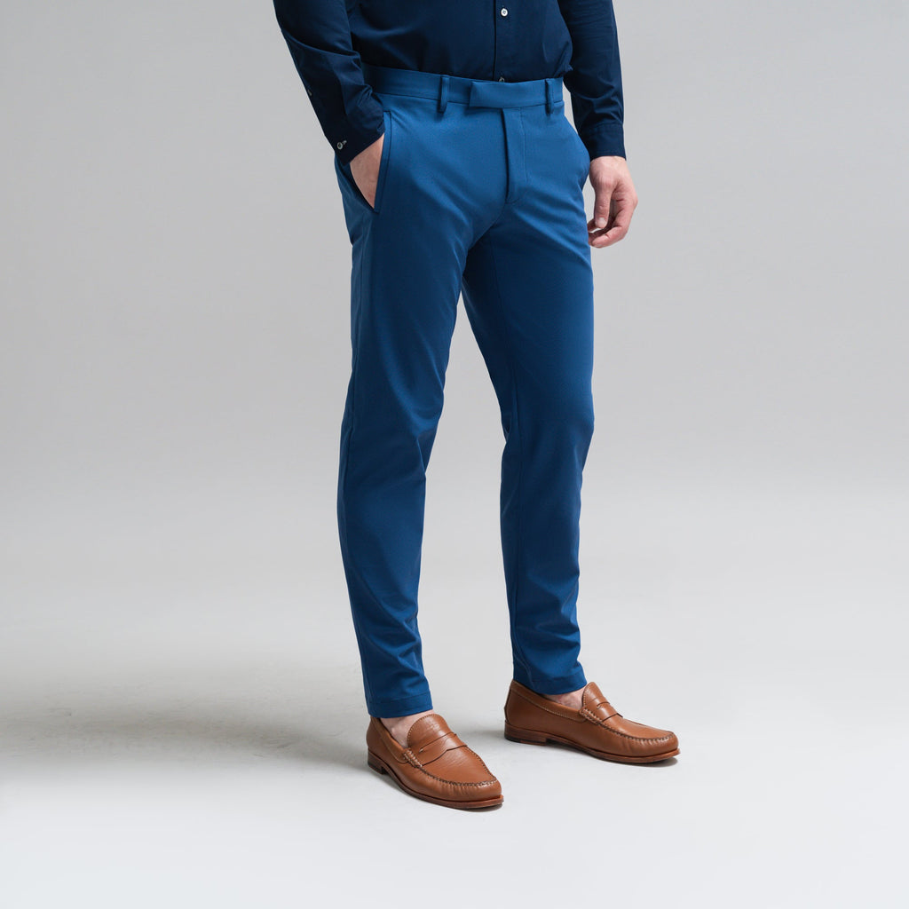 bespoke custom trousers pant chino performance technical model Jesse in Italian Blue