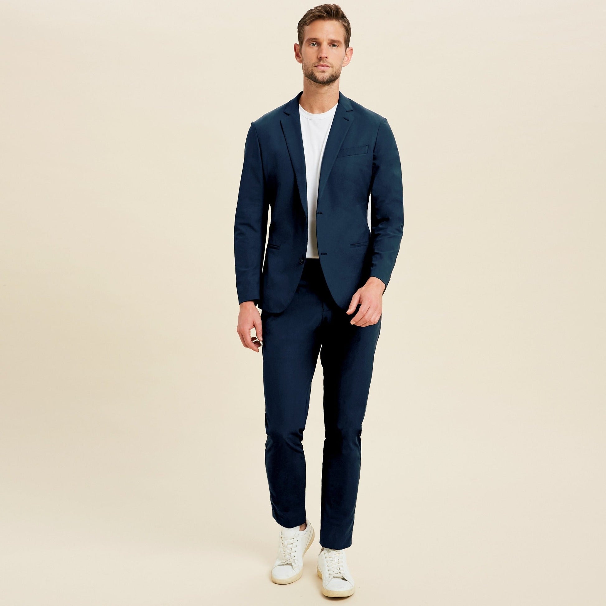 bespoke custom athleisure travel men's suit los angeles model Jimmy in Nautical Blue